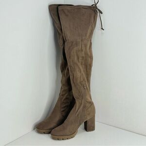 FASHION NOVA Thigh High BOOTS Tan Faux Suede Platform Heel Lugg Sole Sz 11